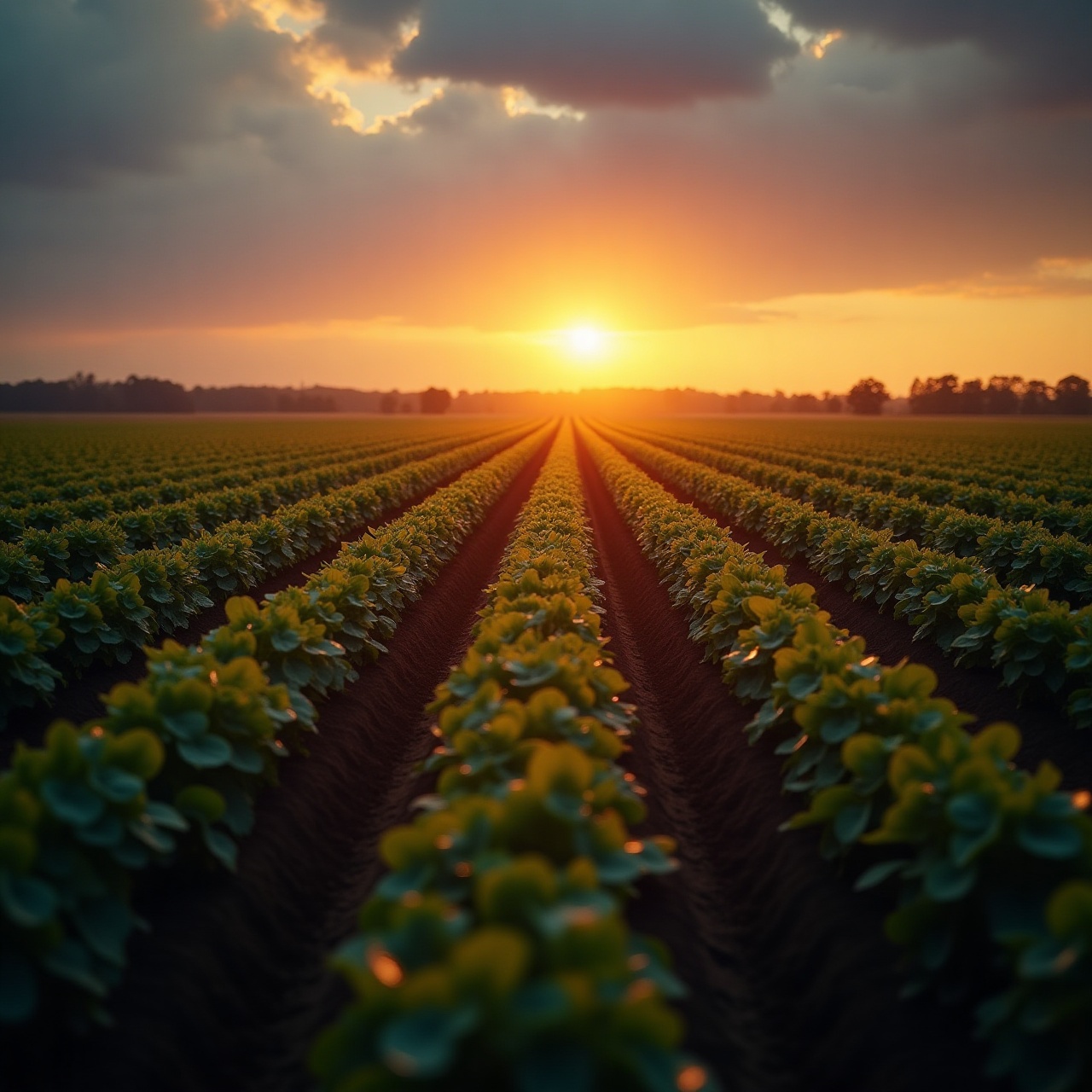 rows of crops at sunrise