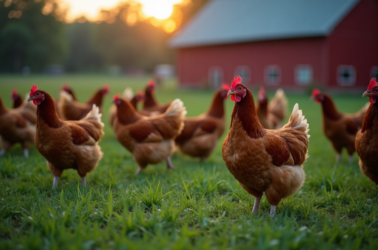 Free-range chickens spread across a green paddock at dawn with a red farm shed in the background