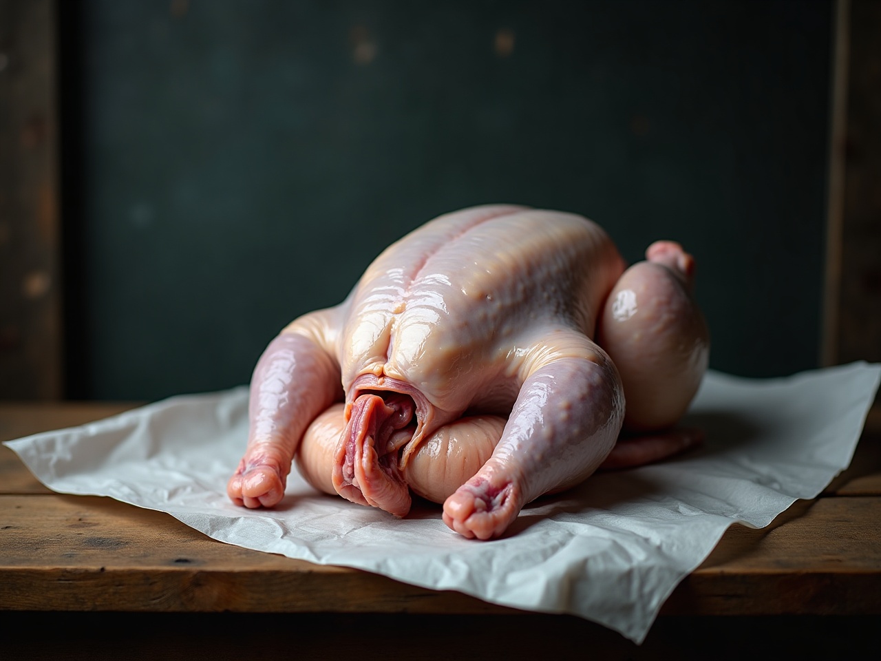 Whole raw chicken resting on butcher paper on a wooden bench