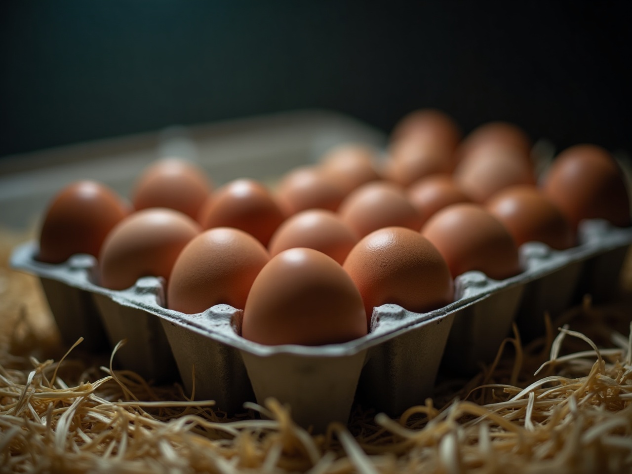 Open egg carton with a dozen brown eggs, straw visible underneath