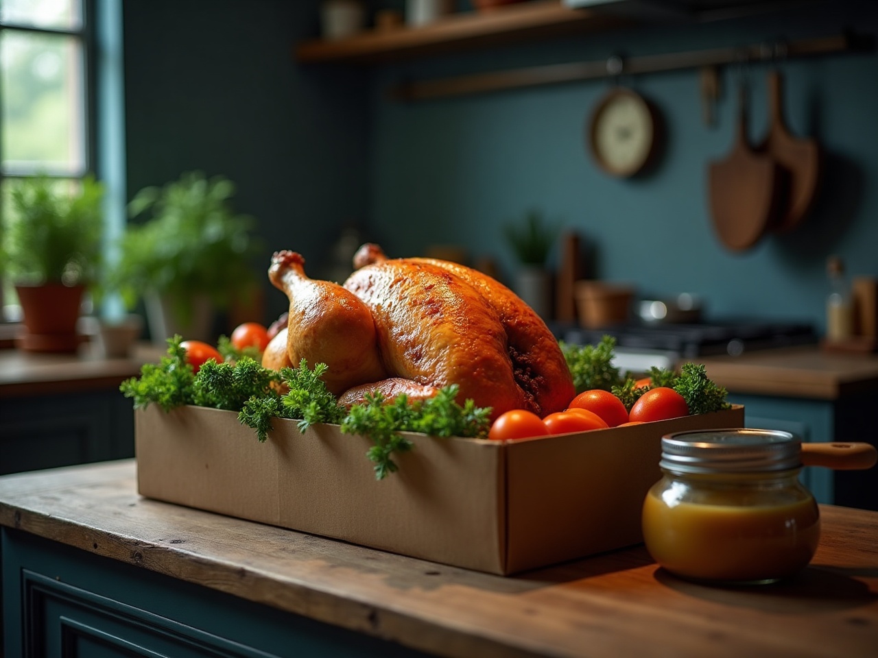 A roast chicken box packed with vegetables and a jar of stock on a kitchen table