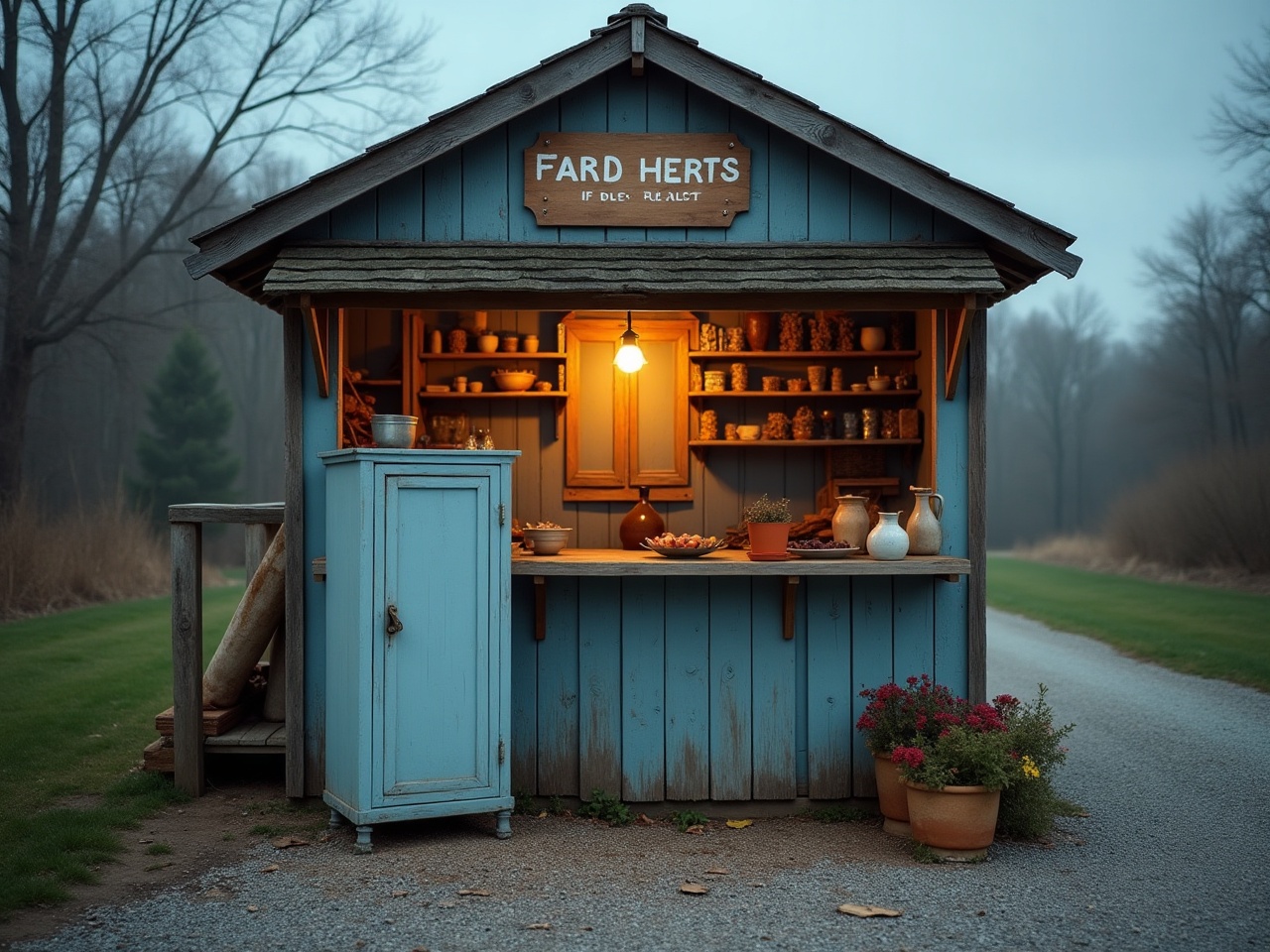 Small timber farm stand with a chiller cabinet and a hand-painted sign near a gravel driveway