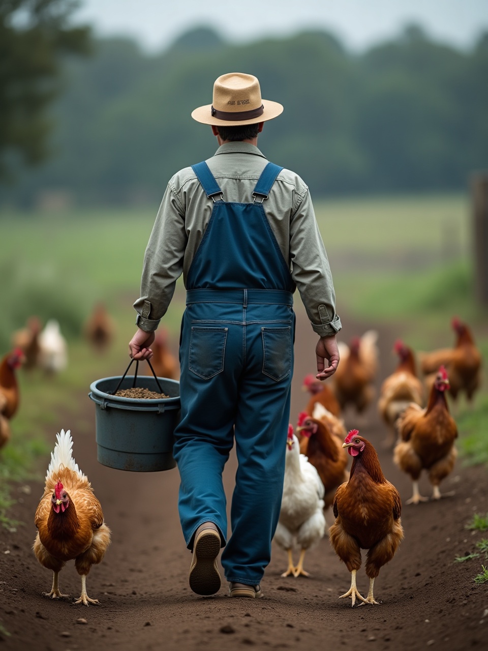 Farmer in work clothes carrying a feed bucket across a paddock with chickens following