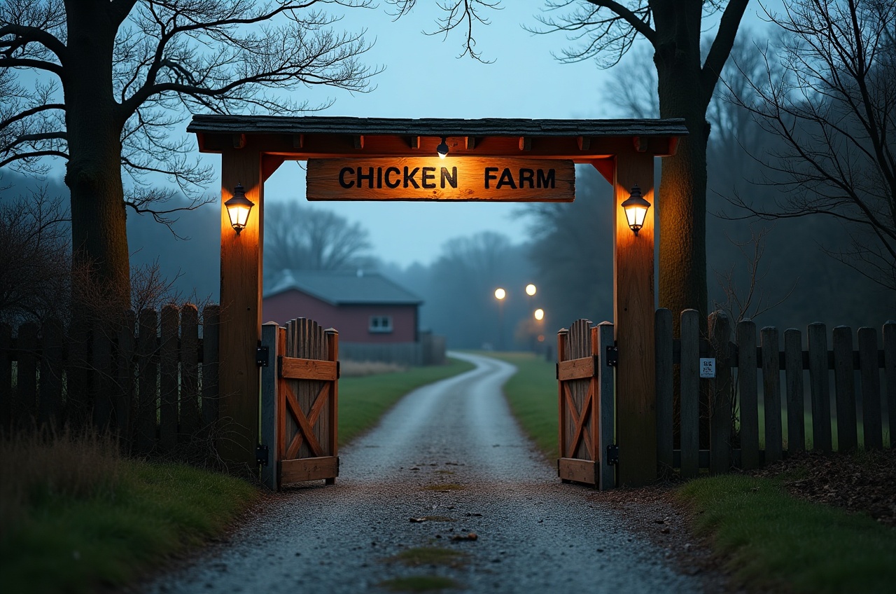 Farm entrance gate with a wooden sign reading the farm name, gravel road leading in